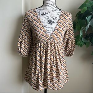 Voice Retro Design Y2K Shimmer Long Sleeve Peasant Top Beige Sz S